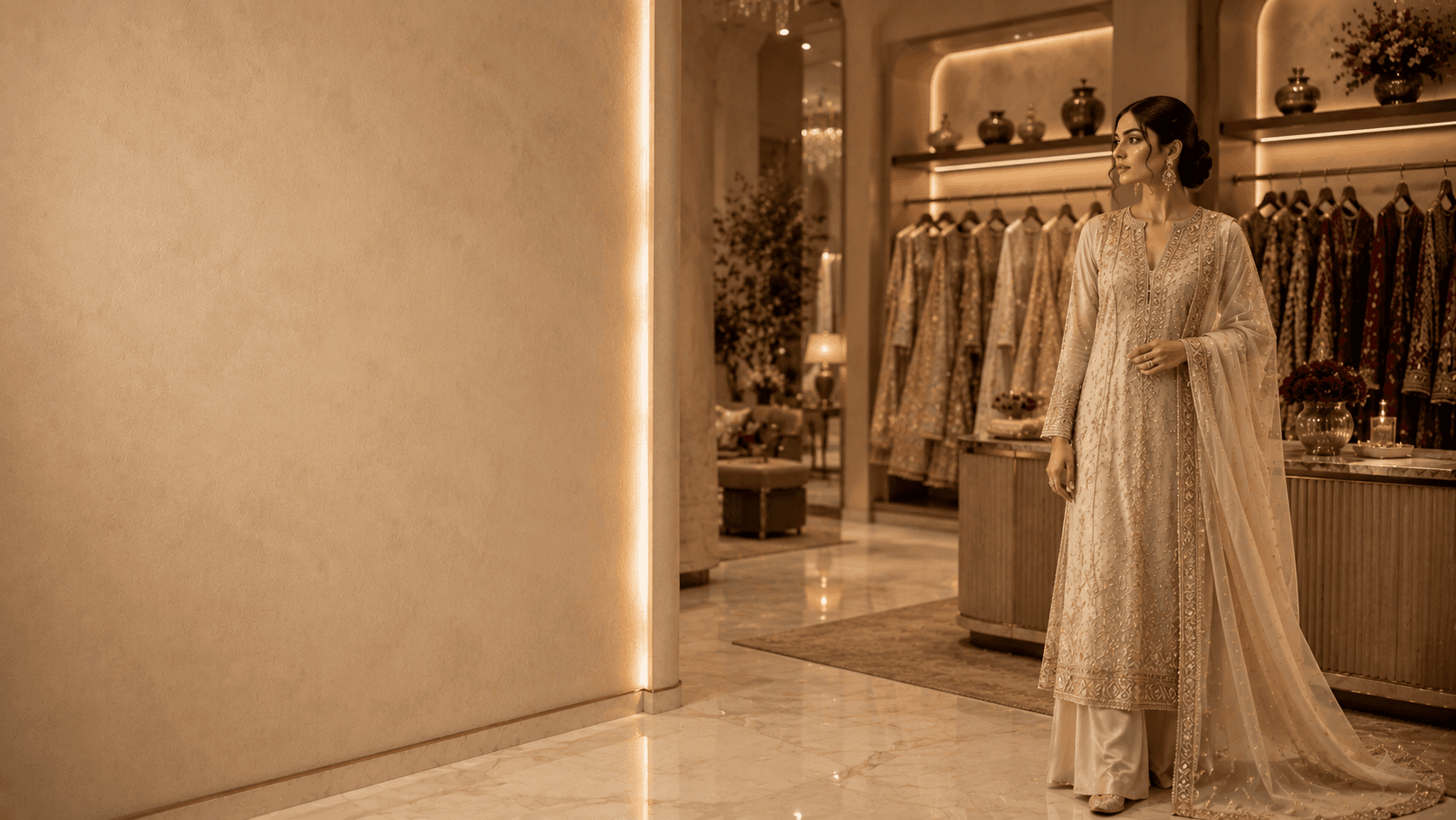 Noordeep signature campaign — bride in an ivory embroidered ensemble at the flagship boutique