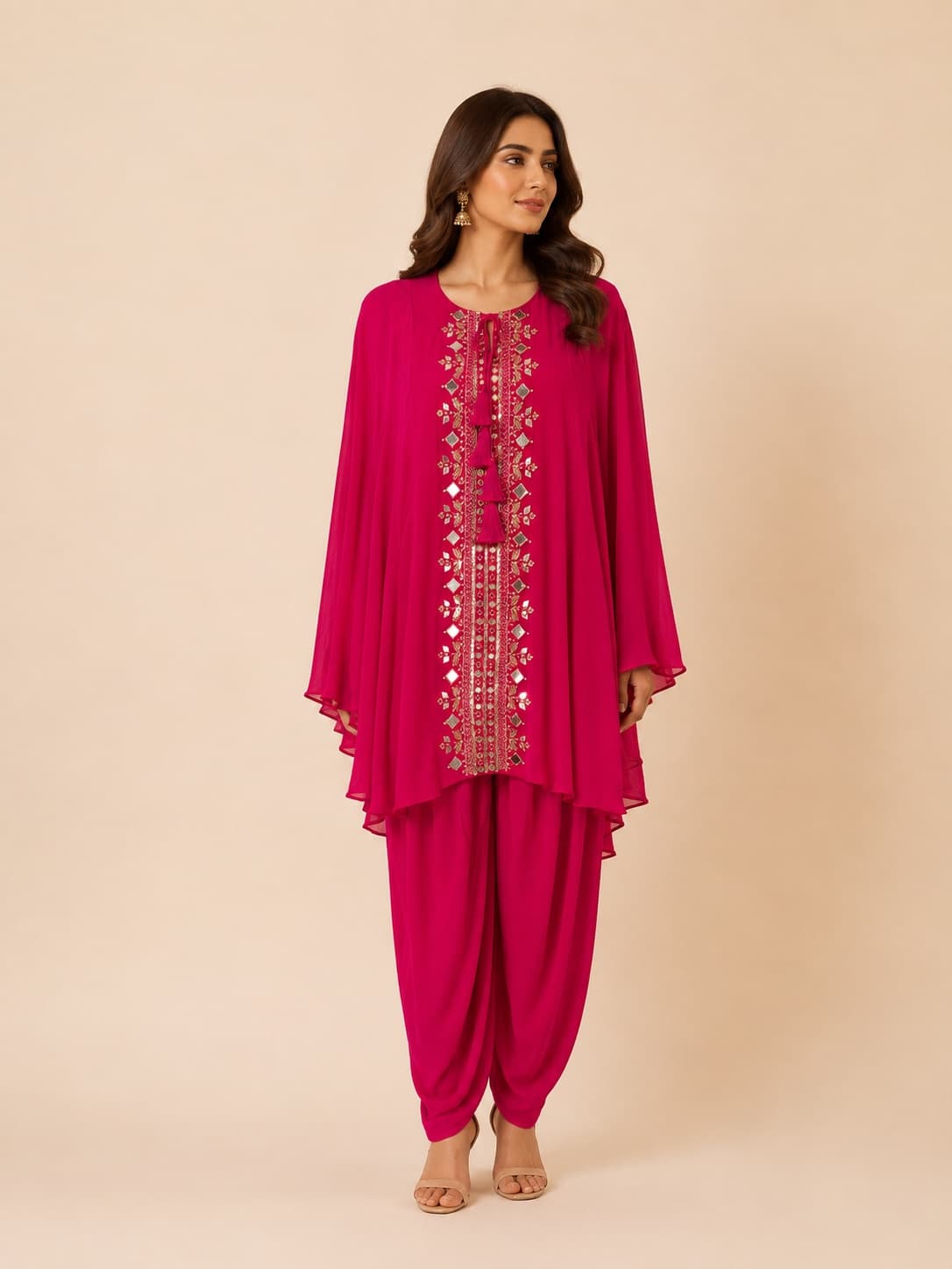 Fuchsia Embroidered Cape-Style Indo Western