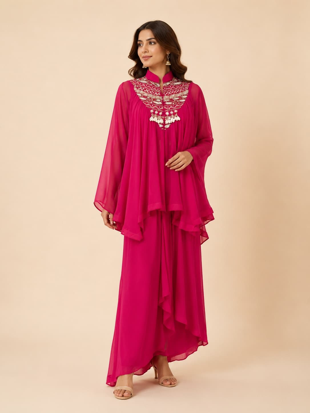 Fuchsia Embroidered Layered Kurta Set