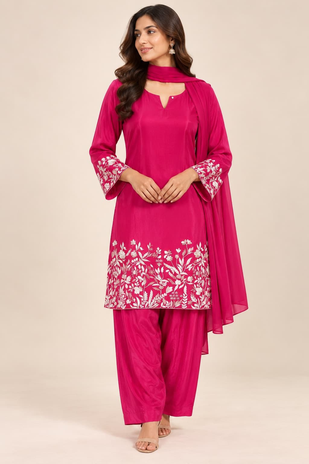 Fuchsia Floral Embroidered Suit Set